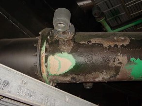 Severely damaged FRP pipe caused by lime slurry Severely damaged FRP pipe caused by lime slurry