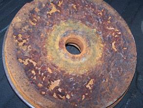 Damaged wastewater pump head as a result of corrosion from chemical attack Damaged wastewater pump head as a result of corrosion from chemical attack